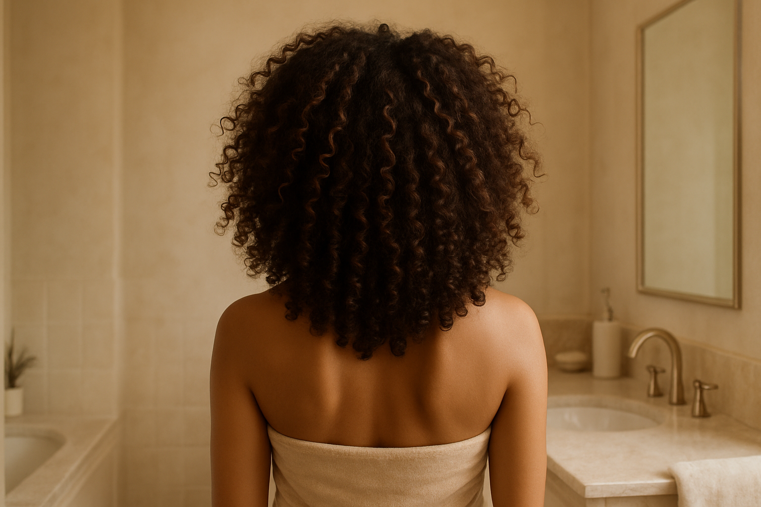 femme cheveux bouclés de dos sur fond beige dans une salle de bain